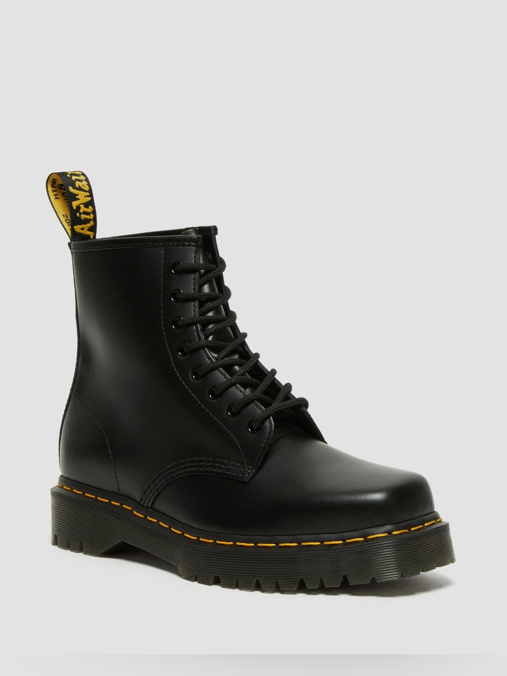 Dr. Martens Black Leather Lace-Up Combat Boot with Yellow Stitching